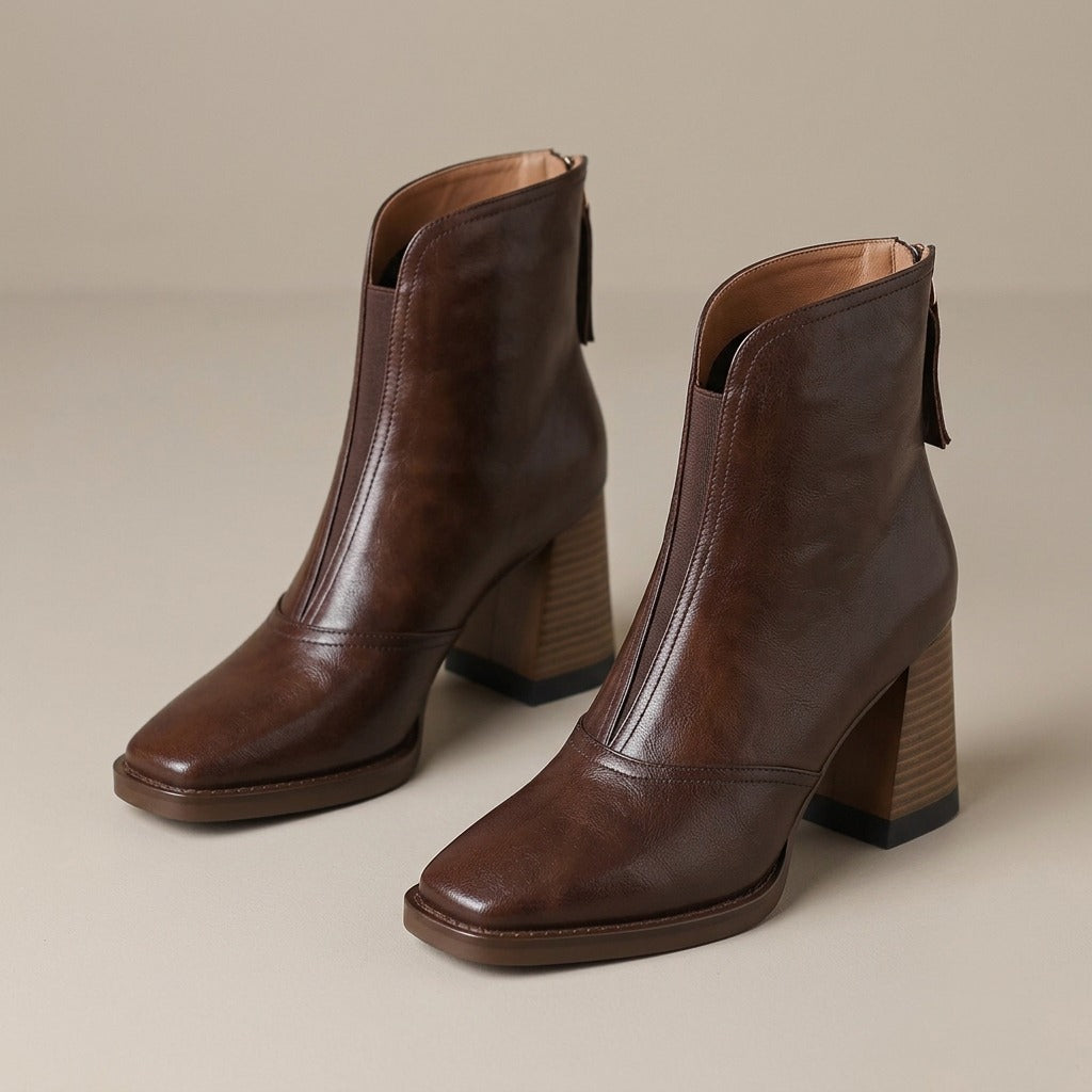 edda-square-toe-block-heel-ankle-boots-women-s-dark-brown-leather-look-v-notch-booties 1