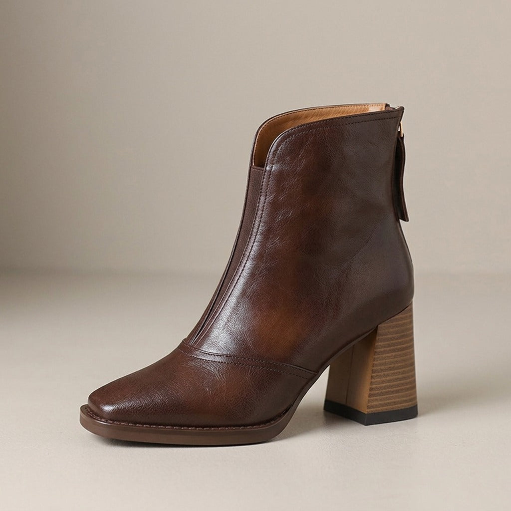edda-square-toe-block-heel-ankle-boots-women-s-dark-brown-leather-look-v-notch-booties 2