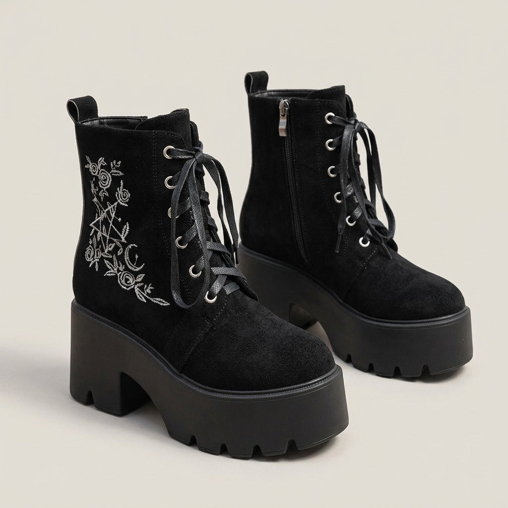 elia-embroidered-platform-lace-up-ankle-boots-women-s-black-suede-look-chunky-heel-boots 1