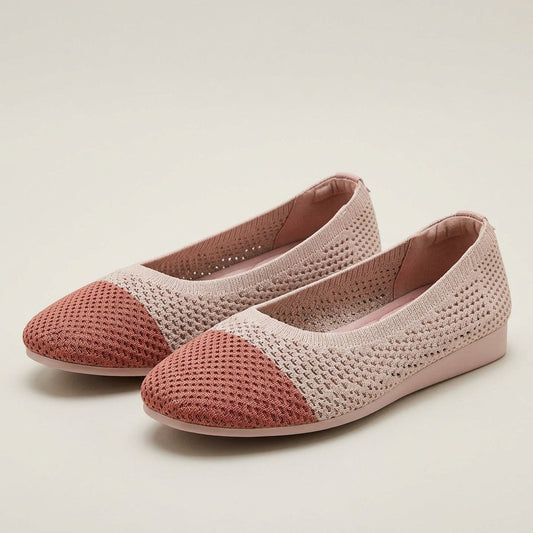 Elsie pink perforated knit ballet flats with a terracotta toe cap, pair