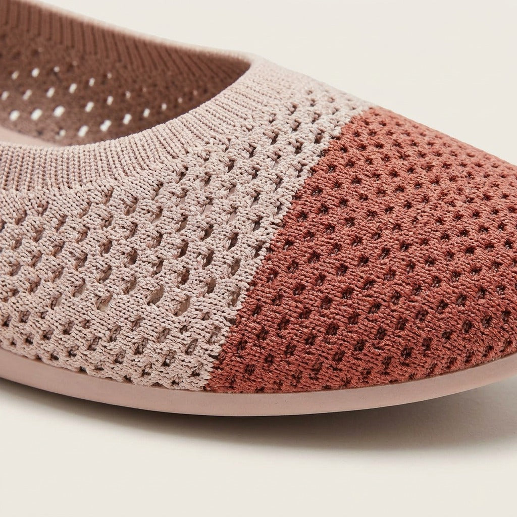 Close-up of the perforated knit and terracotta toe cap on the Elsie flat