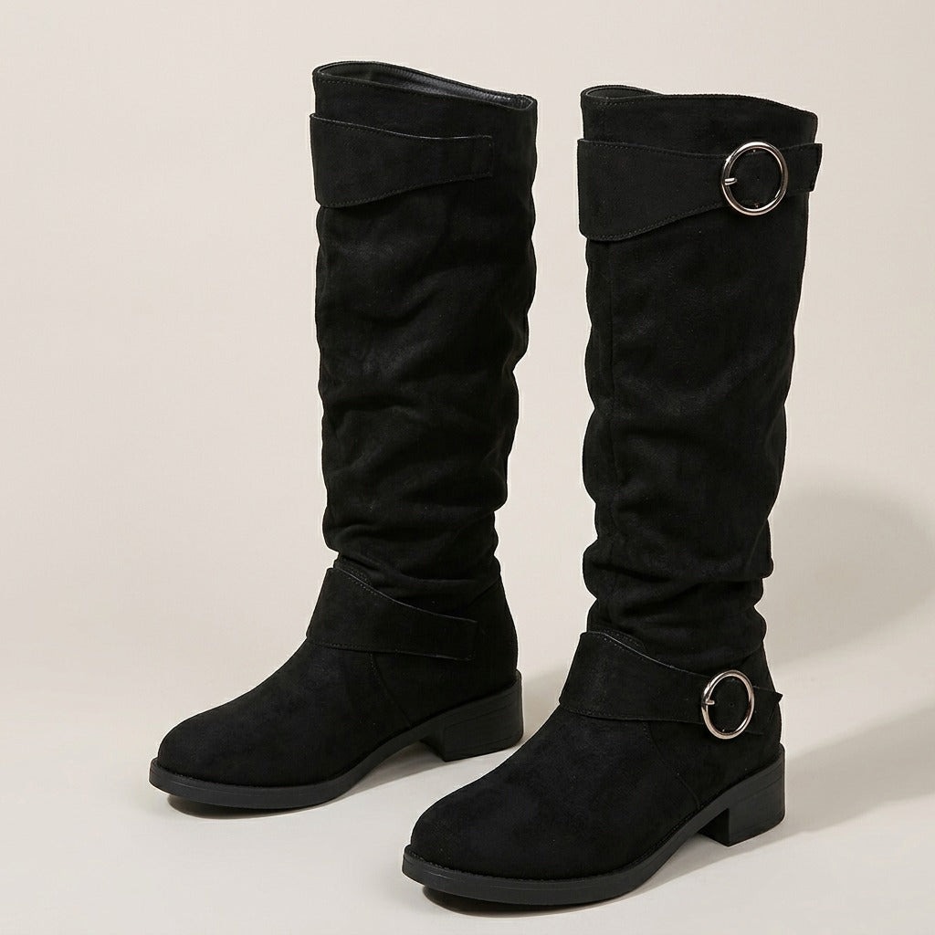 Esme black suede-look slouch knee-high boots with two silver ring buckles, pair