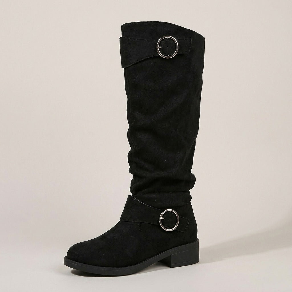 Esme slouch boot, side view of the ring buckles