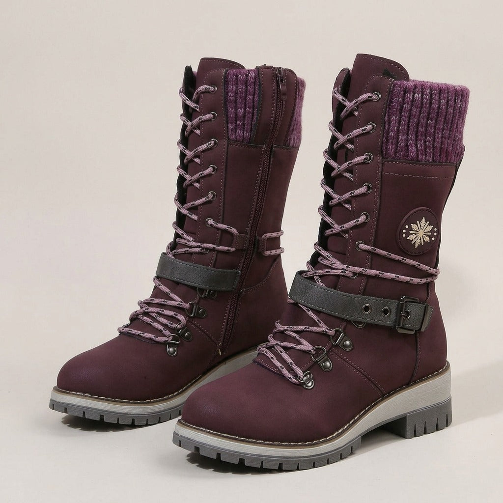 esther-knit-cuff-lace-up-mid-calf-boots-women-s-purple-suede-look-buckle-strap-boots 1