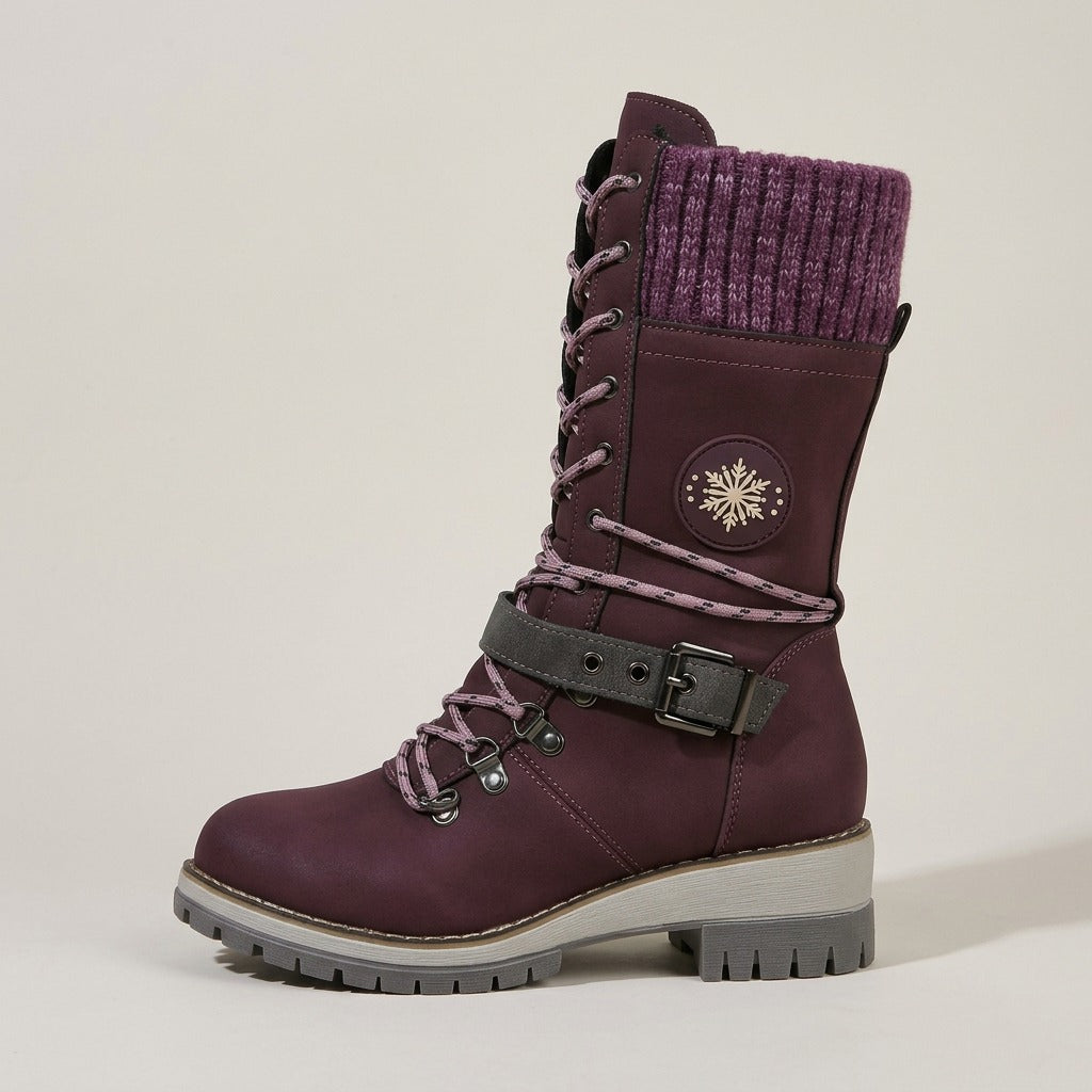esther-knit-cuff-lace-up-mid-calf-boots-women-s-purple-suede-look-buckle-strap-boots 2