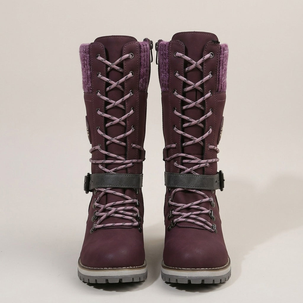 esther-knit-cuff-lace-up-mid-calf-boots-women-s-purple-suede-look-buckle-strap-boots 3