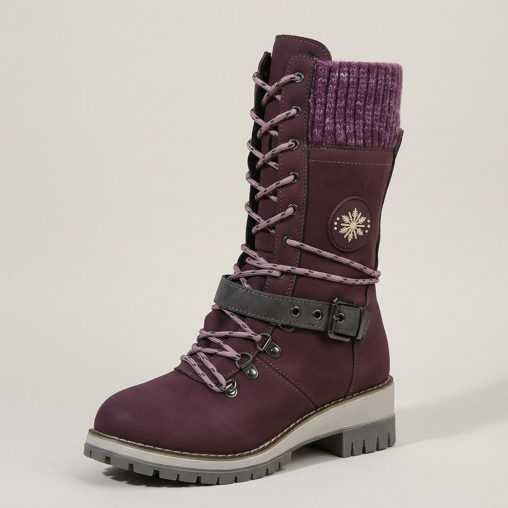esther-knit-cuff-lace-up-mid-calf-boots-women-s-purple-suede-look-buckle-strap-boots 4