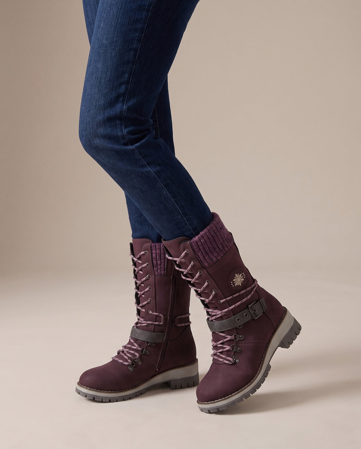 esther-knit-cuff-lace-up-mid-calf-boots-women-s-purple-suede-look-buckle-strap-boots 5