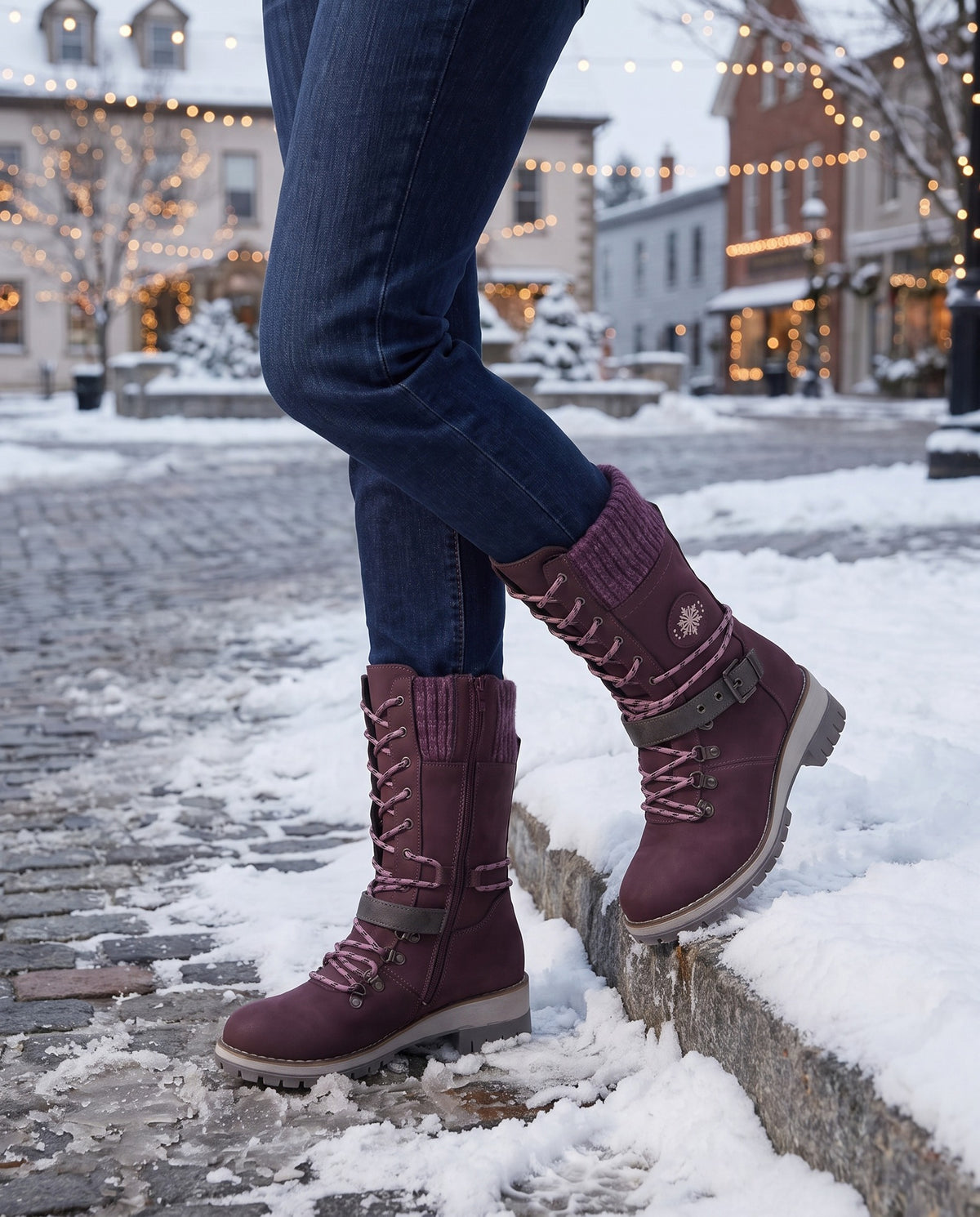 esther-knit-cuff-lace-up-mid-calf-boots-women-s-purple-suede-look-buckle-strap-boots 6