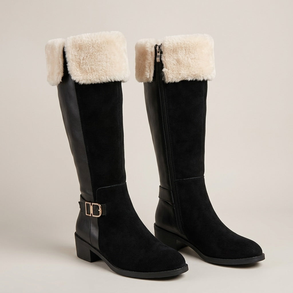 Etta black knee-high boots with cream plush cuff and gold buckle at the ankle, pair