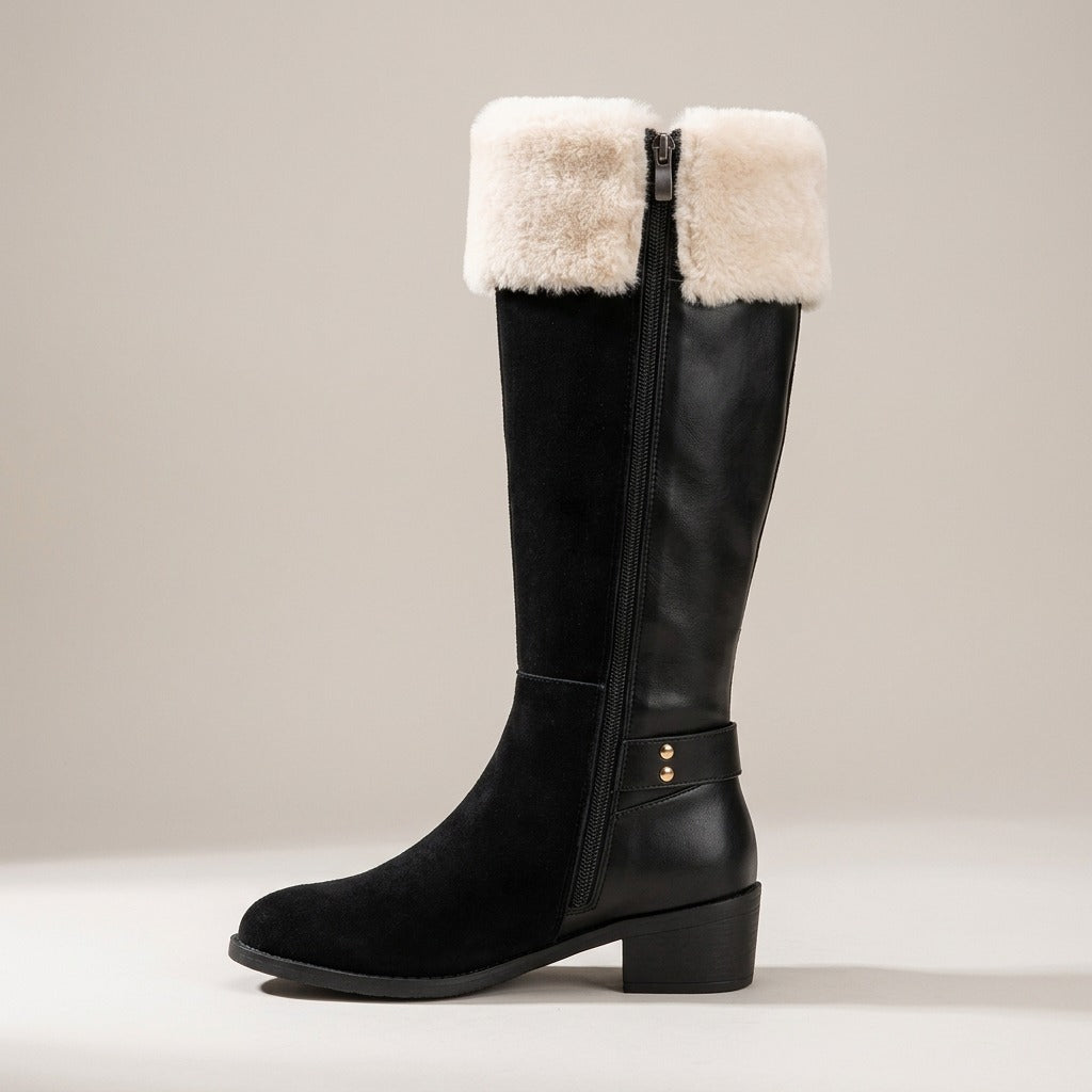 Etta black knee-high boot, side view of the full-length zip