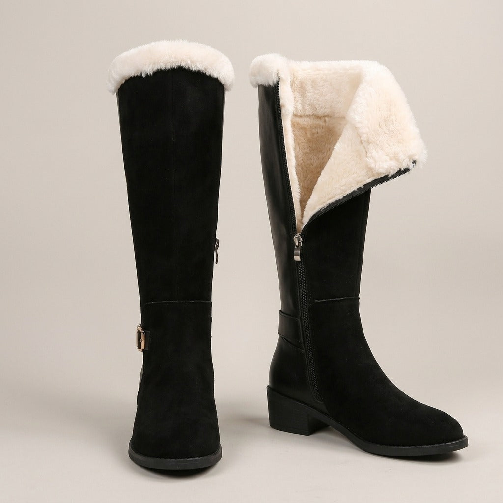 Etta black knee-high boots, front view with one boot unzipped to show the plush lining