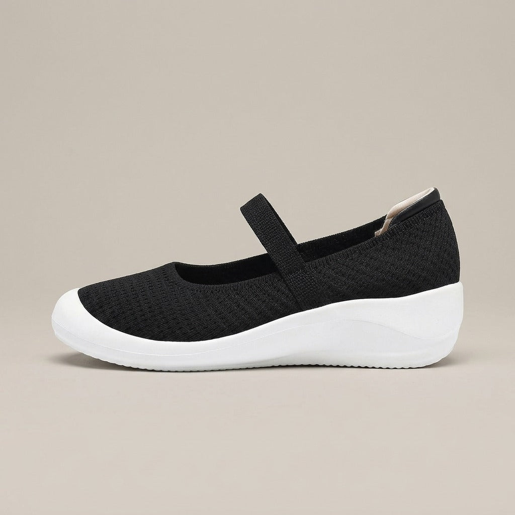 Faye knit Mary Jane, side view of the low wedge sole