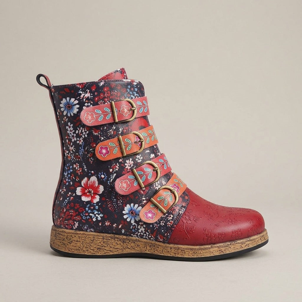 flavia-vintage-floral-print-buckle-ankle-boots-women-s-red-leather-look-boho-booties 2