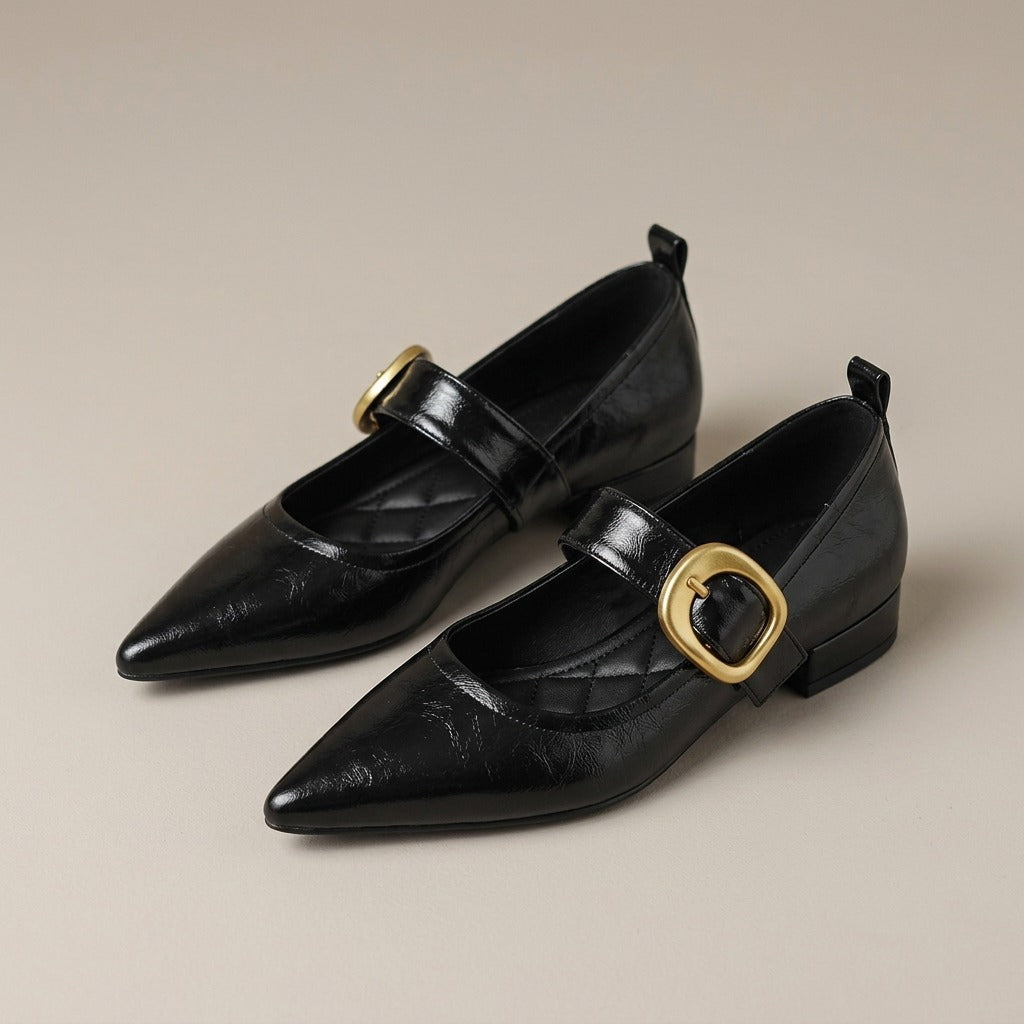 fleur-pointed-toe-buckle-mary-jane-flats-women-s-black-leather-look-low-heel-strap-flats 1