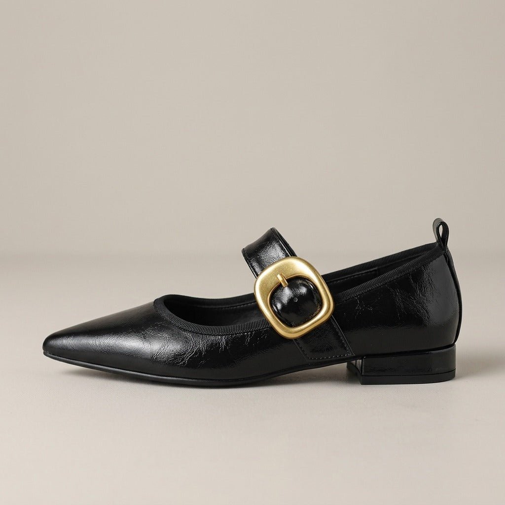 fleur-pointed-toe-buckle-mary-jane-flats-women-s-black-leather-look-low-heel-strap-flats 2