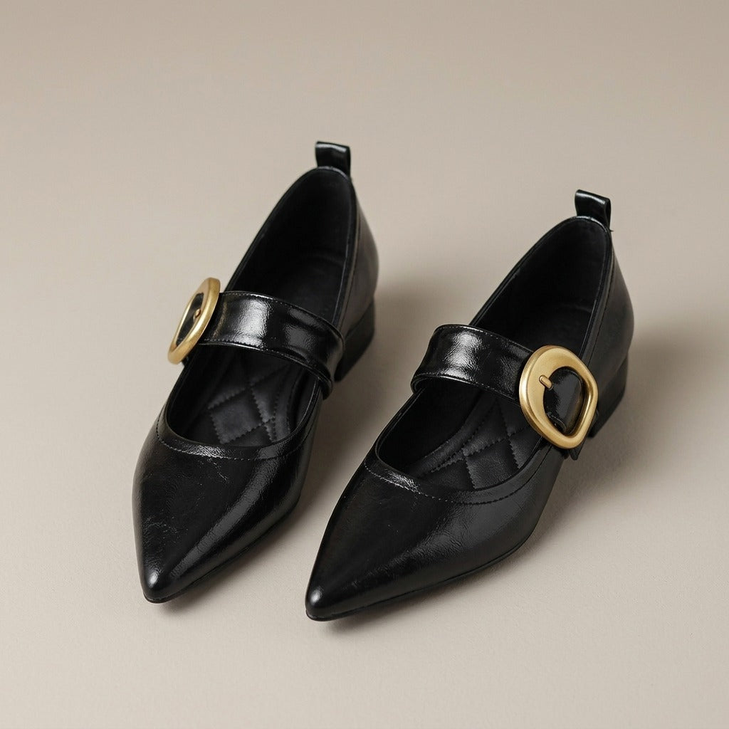 fleur-pointed-toe-buckle-mary-jane-flats-women-s-black-leather-look-low-heel-strap-flats 3