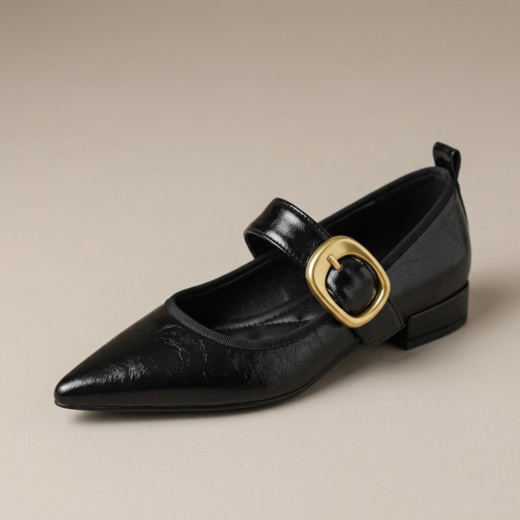 fleur-pointed-toe-buckle-mary-jane-flats-women-s-black-leather-look-low-heel-strap-flats 4