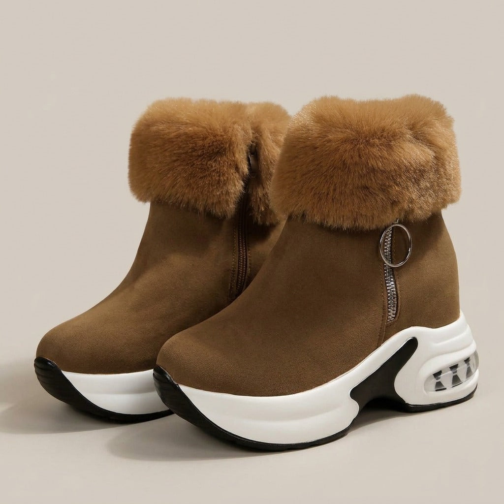 Flora camel suede-look ankle boots with brown plush cuff and chunky sneaker sole, pair