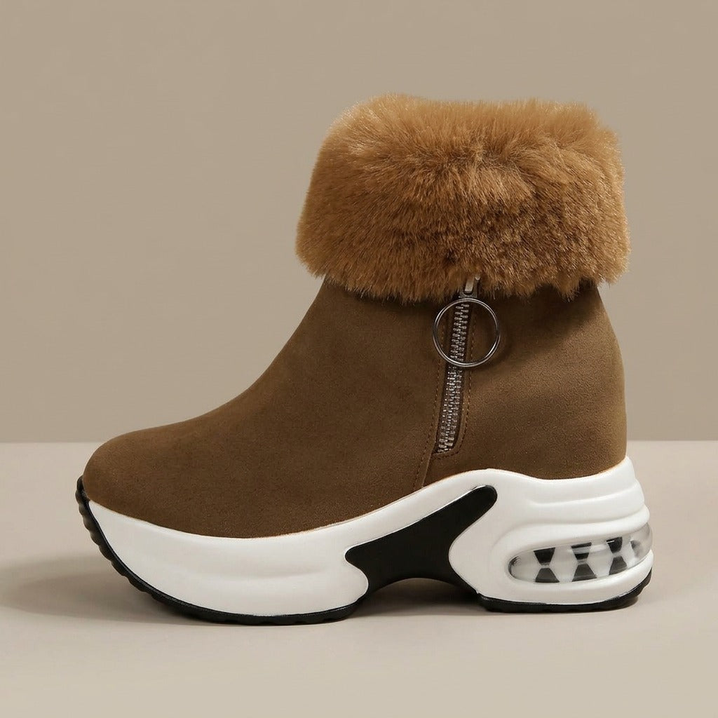 Flora camel boot, side view of the platform sneaker sole