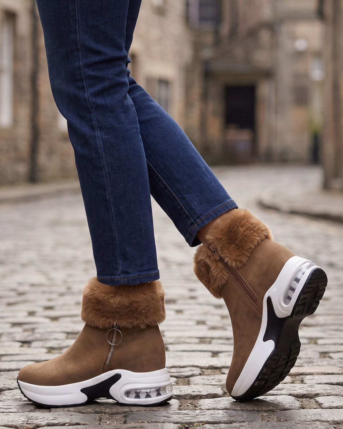 Flora camel boots worn with jeans on a cobblestone street