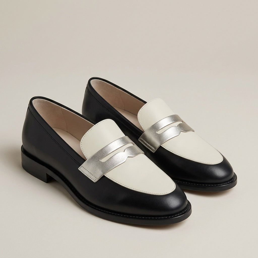 frances-black-and-white-penny-loafers-women-s-two-tone-slip-on-loafers 1
