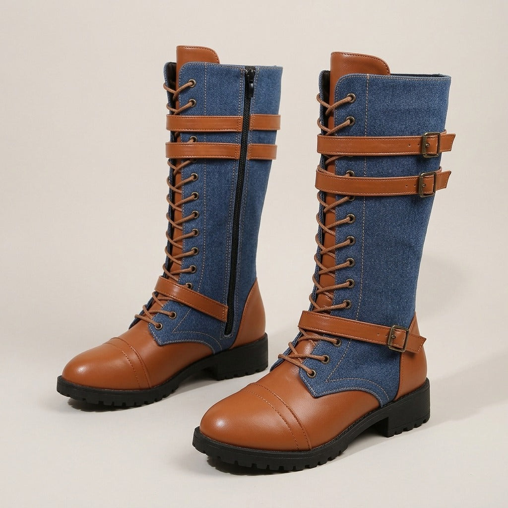 georgie-denim-lace-up-combat-boots-women-s-mid-calf-buckle-riding-boots-in-denim-blue-and-tan 1