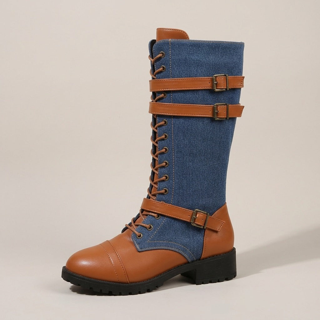 georgie-denim-lace-up-combat-boots-women-s-mid-calf-buckle-riding-boots-in-denim-blue-and-tan 2
