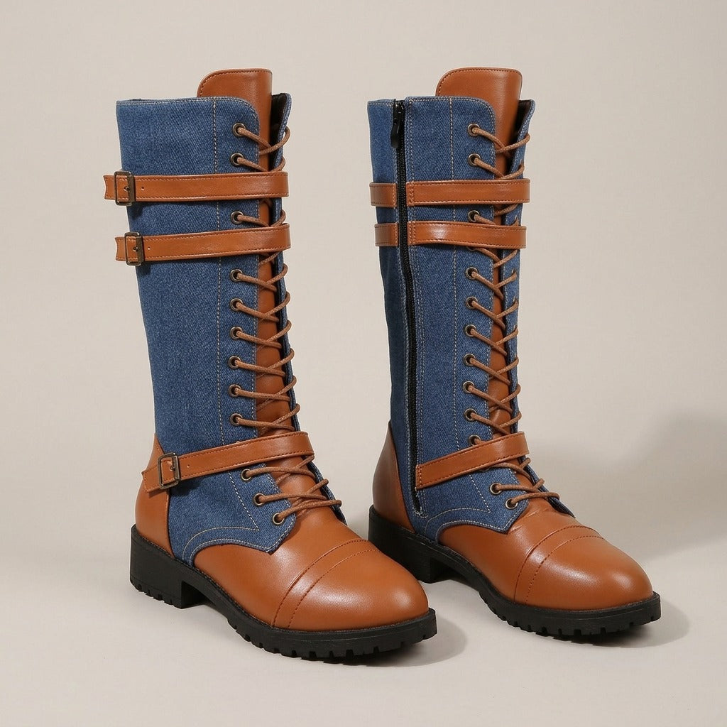 georgie-denim-lace-up-combat-boots-women-s-mid-calf-buckle-riding-boots-in-denim-blue-and-tan 3