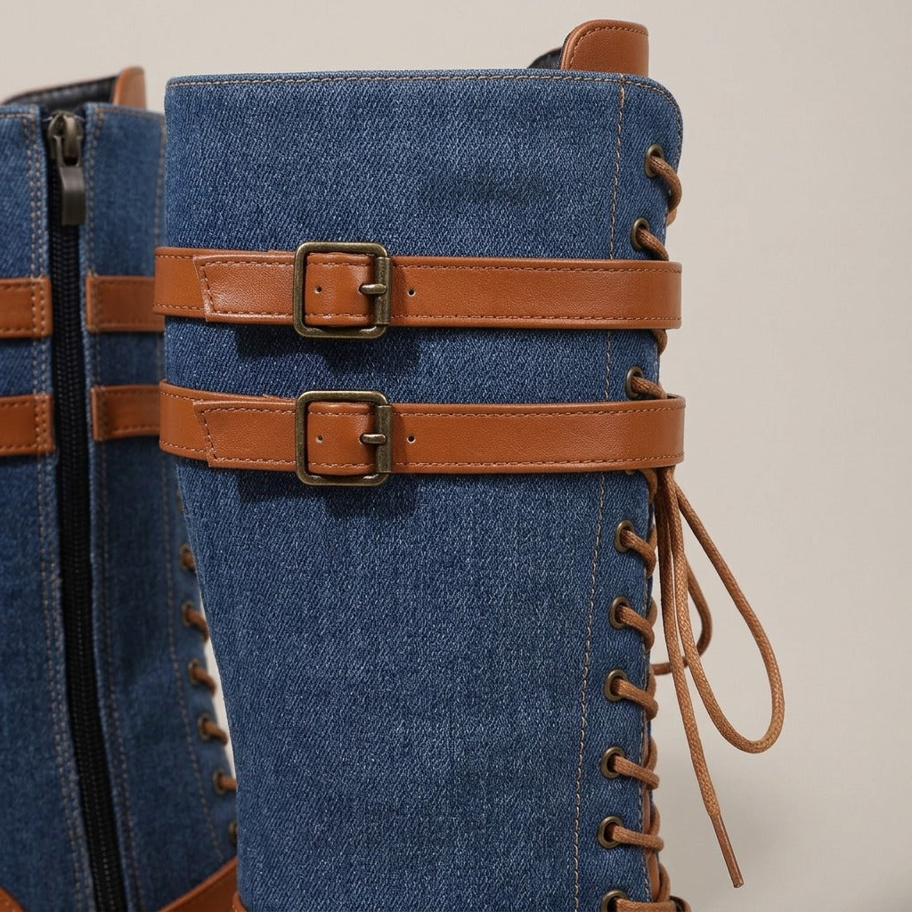 georgie-denim-lace-up-combat-boots-women-s-mid-calf-buckle-riding-boots-in-denim-blue-and-tan 4