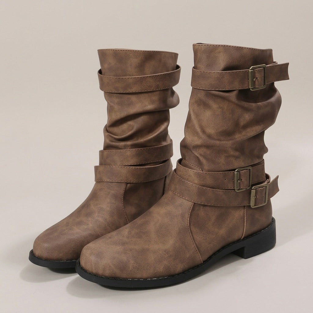 gilda-triple-buckle-slouch-boots-women-s-brown-leather-look-mid-calf-low-heel-boots 1