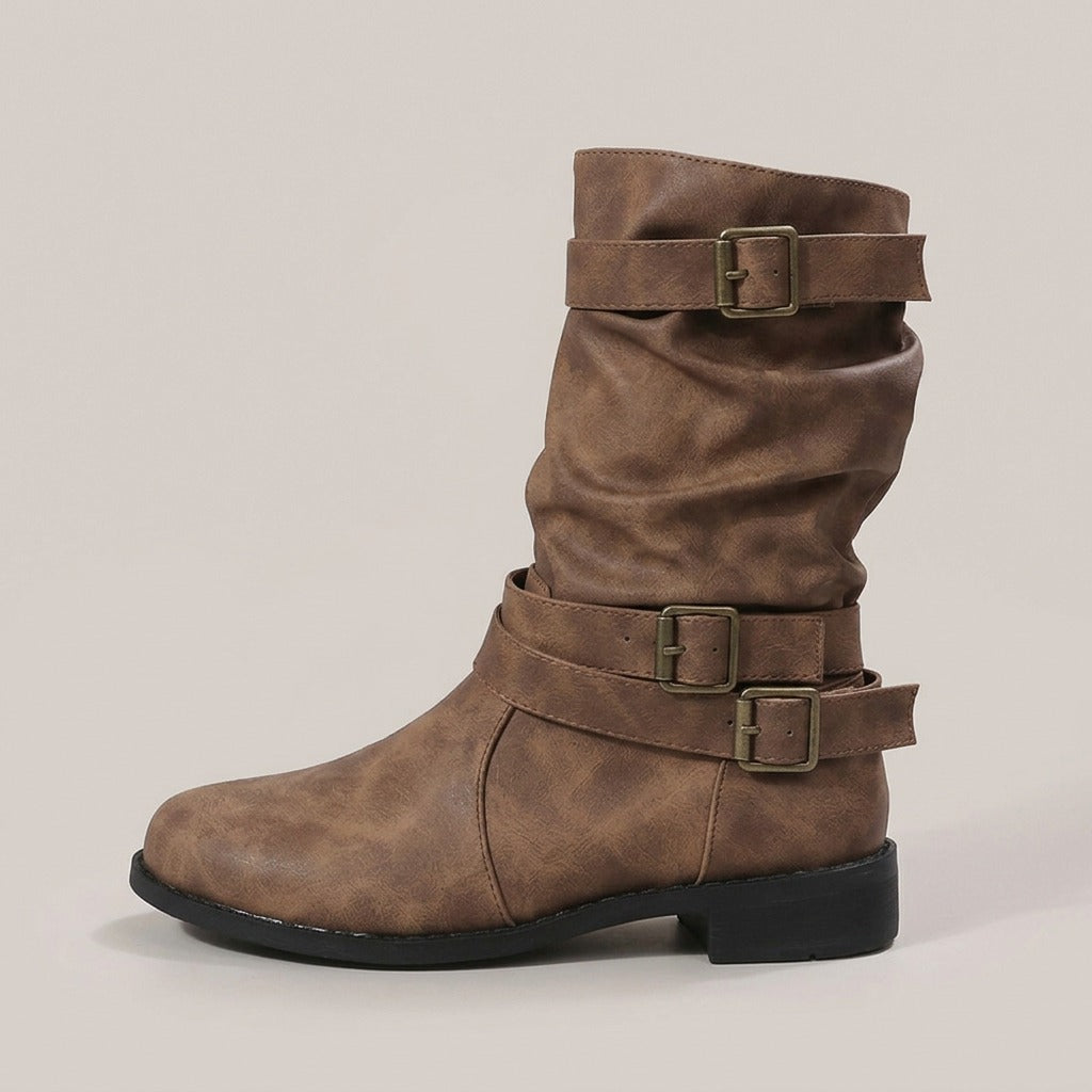 gilda-triple-buckle-slouch-boots-women-s-brown-leather-look-mid-calf-low-heel-boots 2