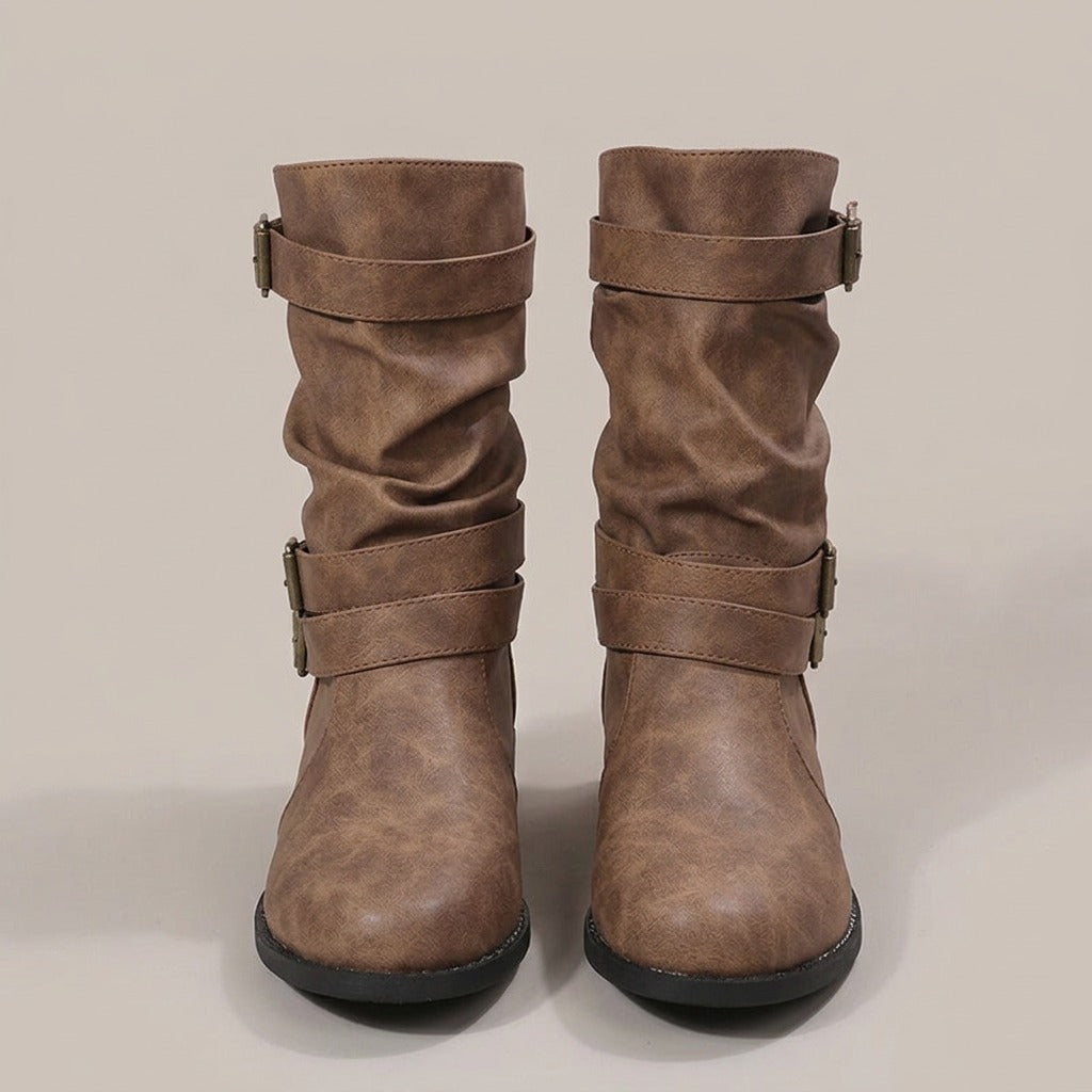 gilda-triple-buckle-slouch-boots-women-s-brown-leather-look-mid-calf-low-heel-boots 3