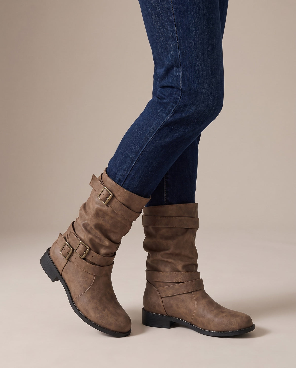 gilda-triple-buckle-slouch-boots-women-s-brown-leather-look-mid-calf-low-heel-boots 5