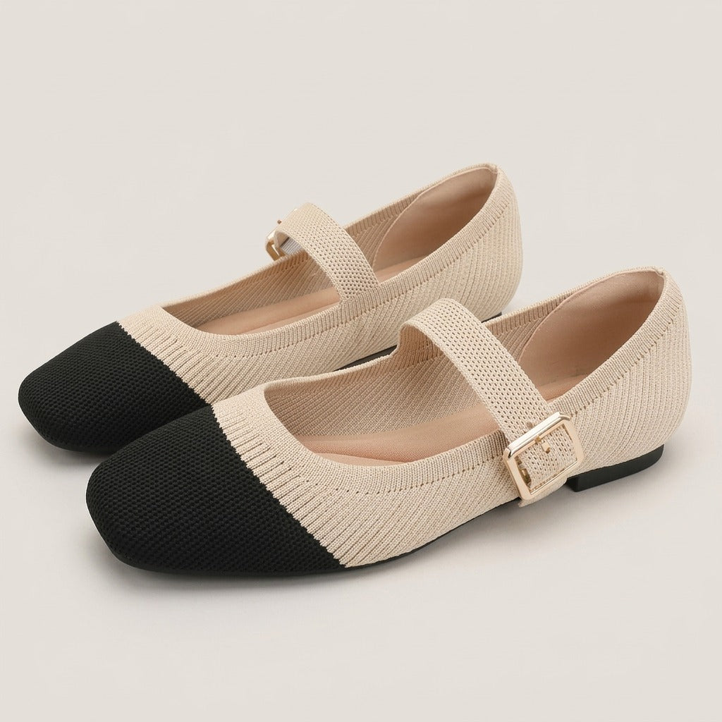 Greta beige knit Mary Jane flats with black square cap toe and gold-tone buckle, pair