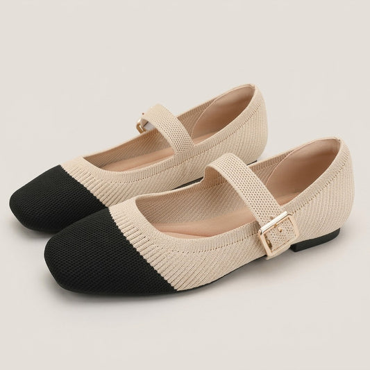 Greta beige knit Mary Jane flats with black square cap toe and gold-tone buckle, pair