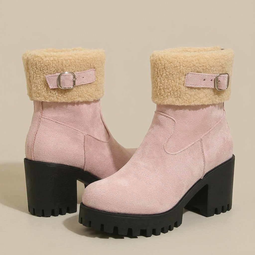 Gwen pink suede-look platform ankle boots with a curly fleece cuff and buckle strap, pair