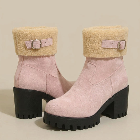 Gwen pink suede-look platform ankle boots with a curly fleece cuff and buckle strap, pair
