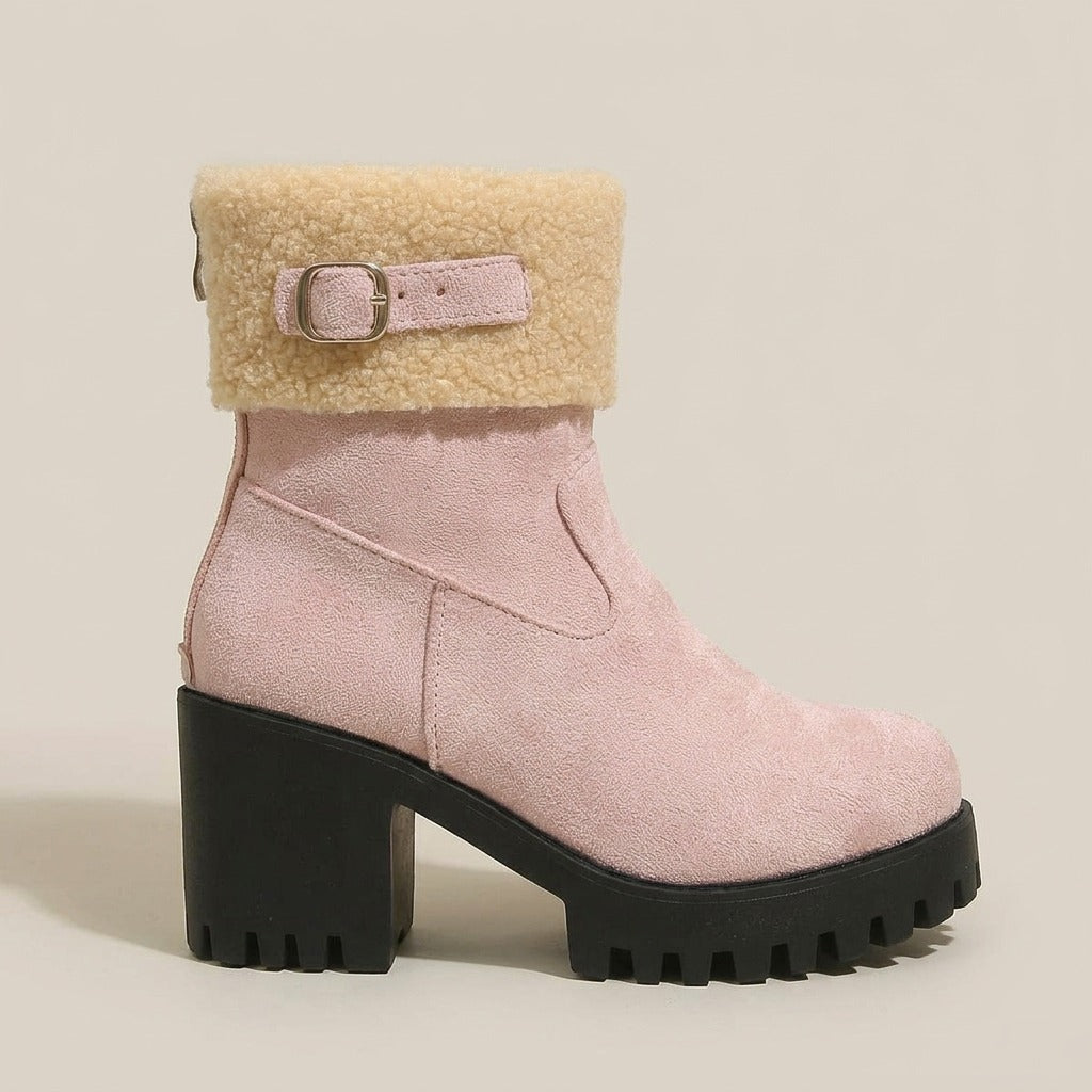 Gwen pink ankle boot, side view of the chunky heel