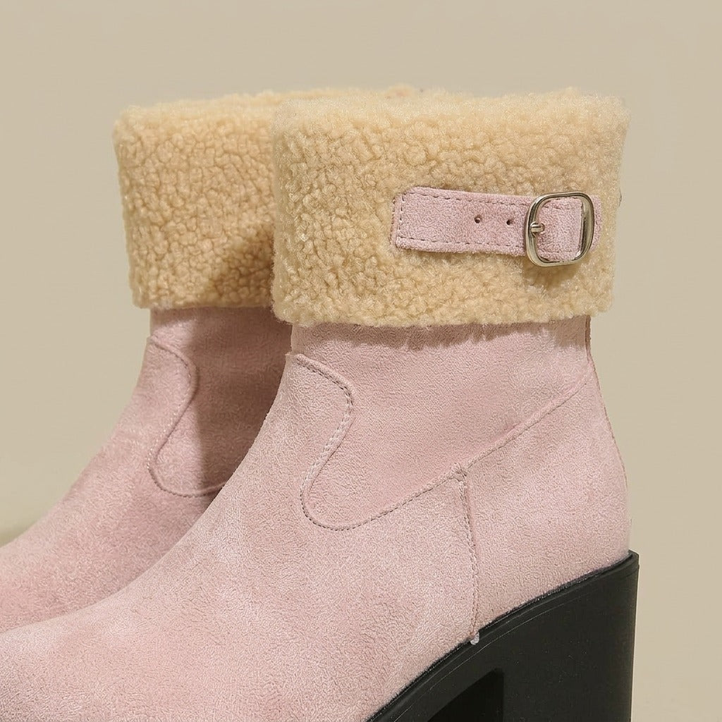 Close-up of the fleece cuff and pink buckle strap on the Gwen boot