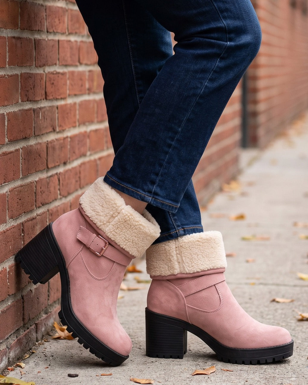 Gwen pink ankle boots worn with jeans, leaning on a brick wall