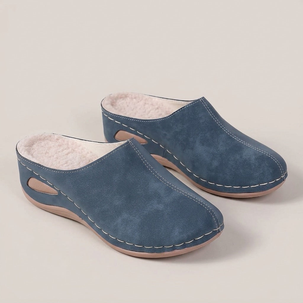 hallie-fleece-lined-wedge-clog-slippers-women-s-blue-closed-toe-mule-slippers 1