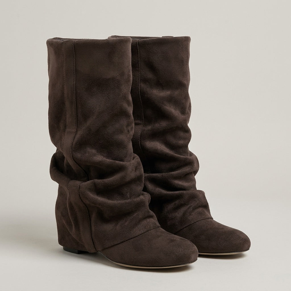 Hattie dark brown suede-look slouch mid-calf boots with a fold-over shaft, pair