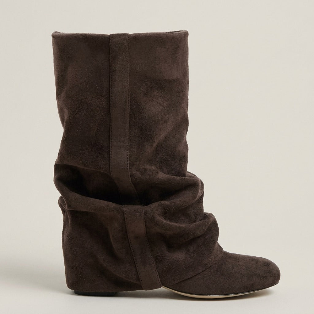 Hattie slouch boot, side view of the folded shaft