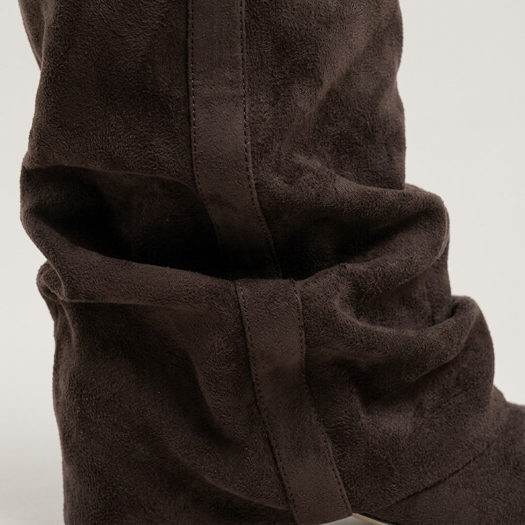 Close-up of the draped fold-over panel on the Hattie boot