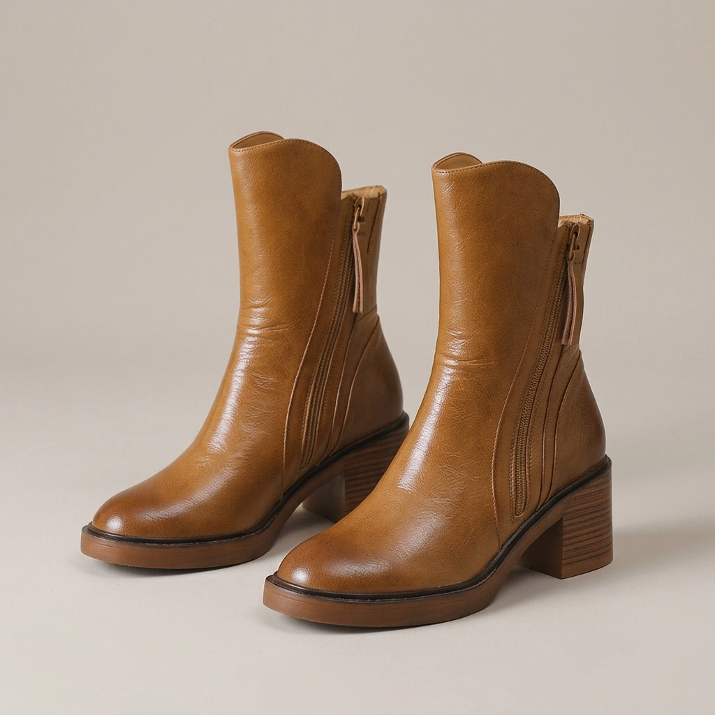 Hazel cognac almond-toe ankle boots with stacked block heel, pair