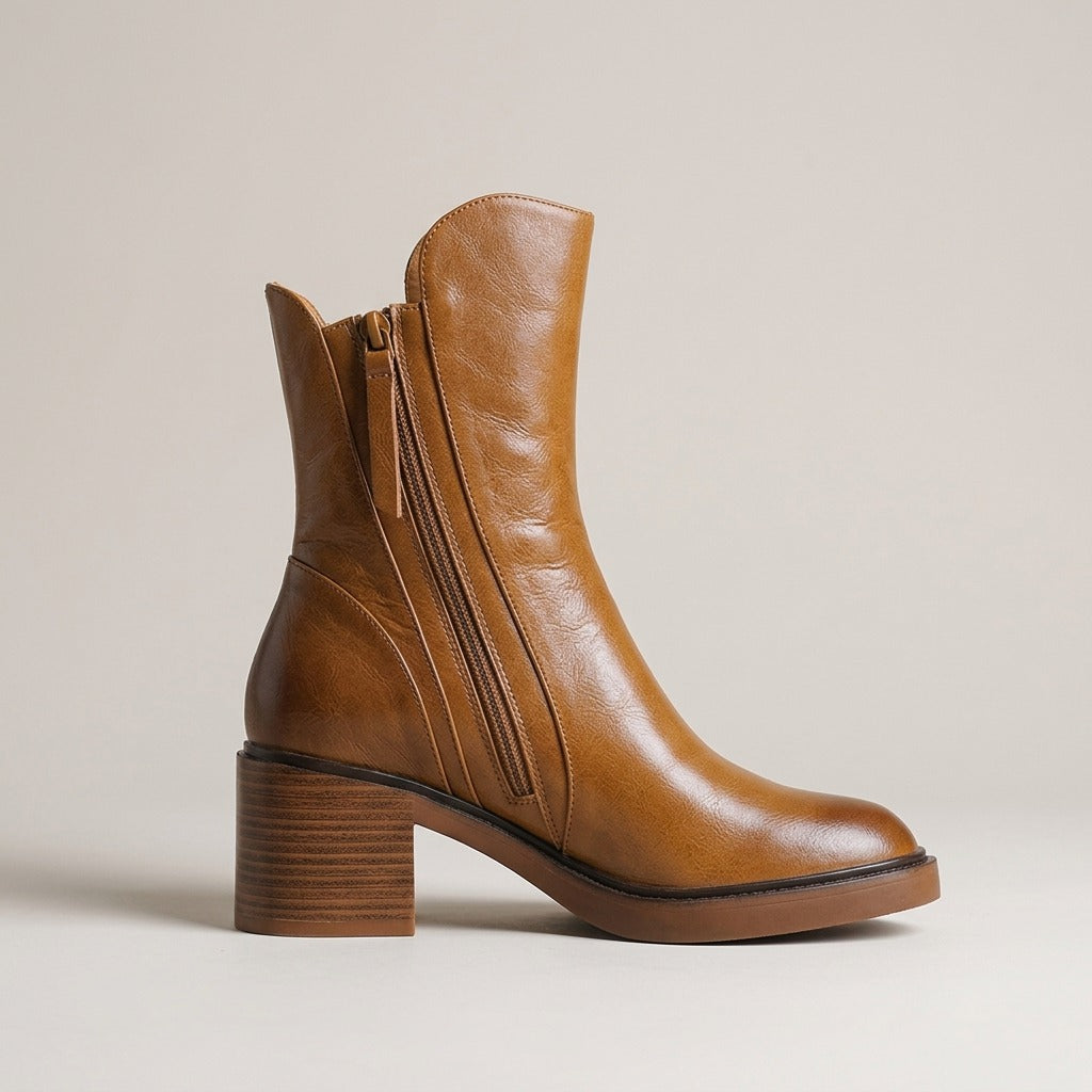 Hazel cognac ankle boot, side view showing the inner zip and block heel