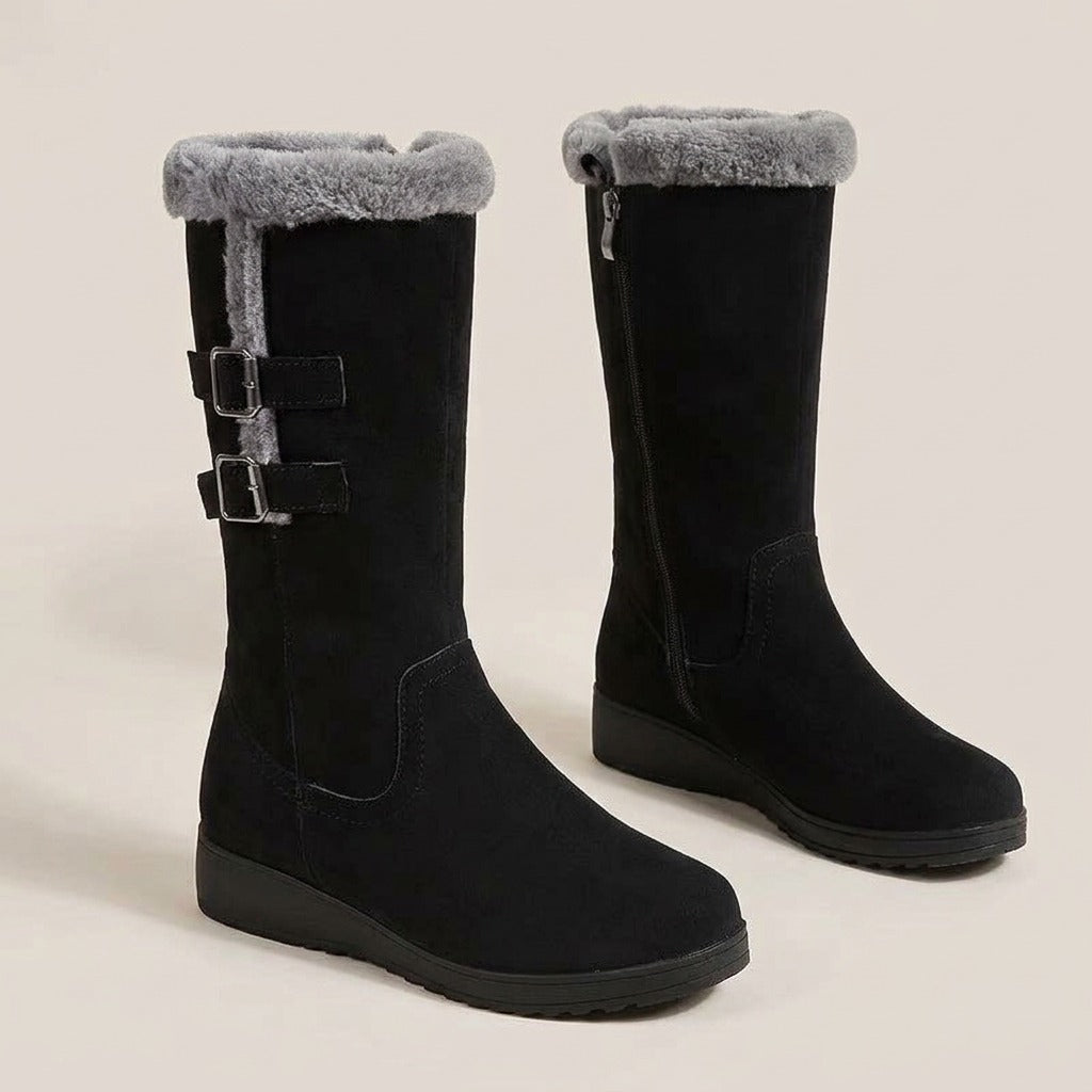 Ida black mid-calf boots with two side buckle straps and grey plush cuff, pair