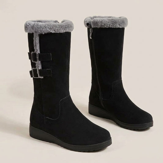 Ida black mid-calf boots with two side buckle straps and grey plush cuff, pair