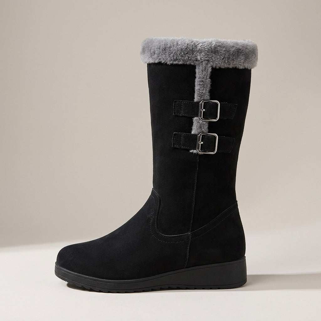 Ida black boot, side view of the two buckle straps